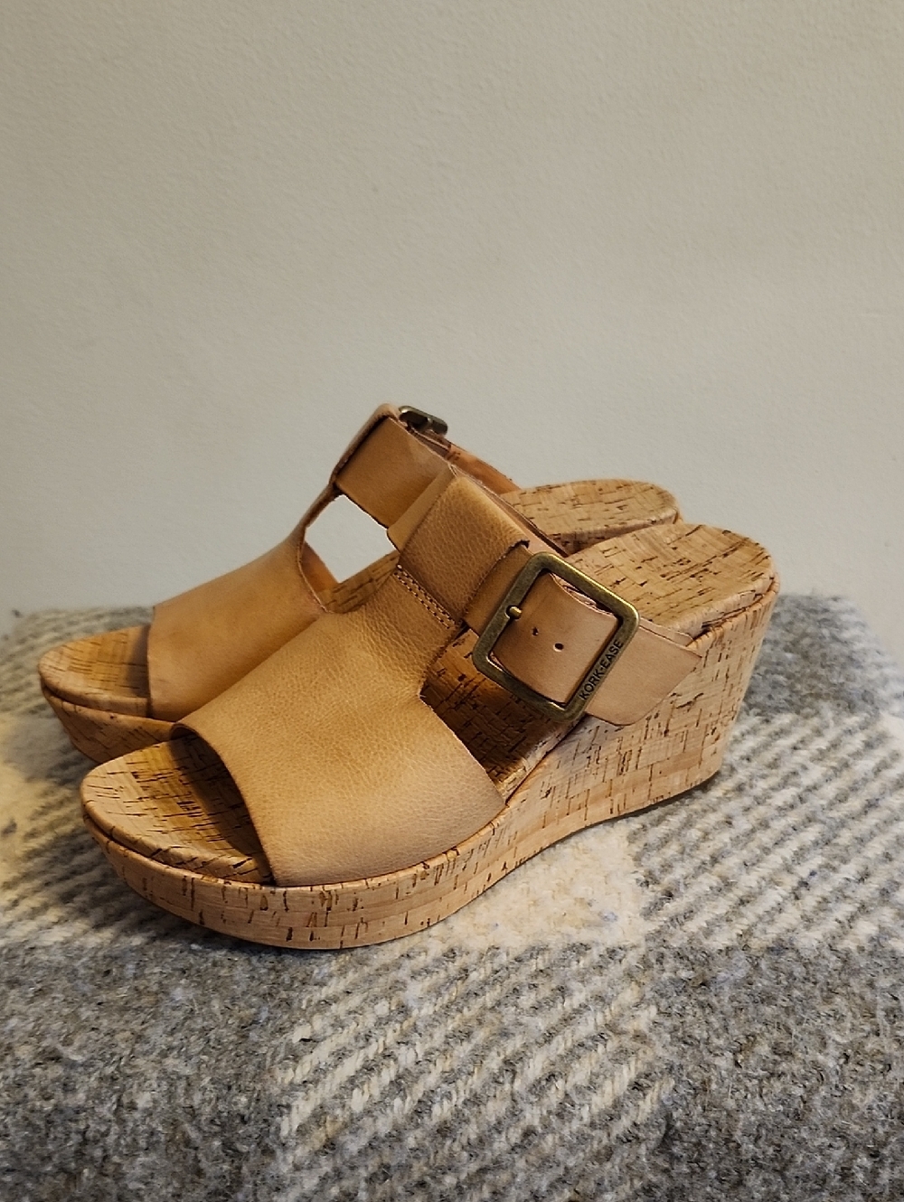 Kork-Ease Tan Leather Cork Wedge Slide Sandals